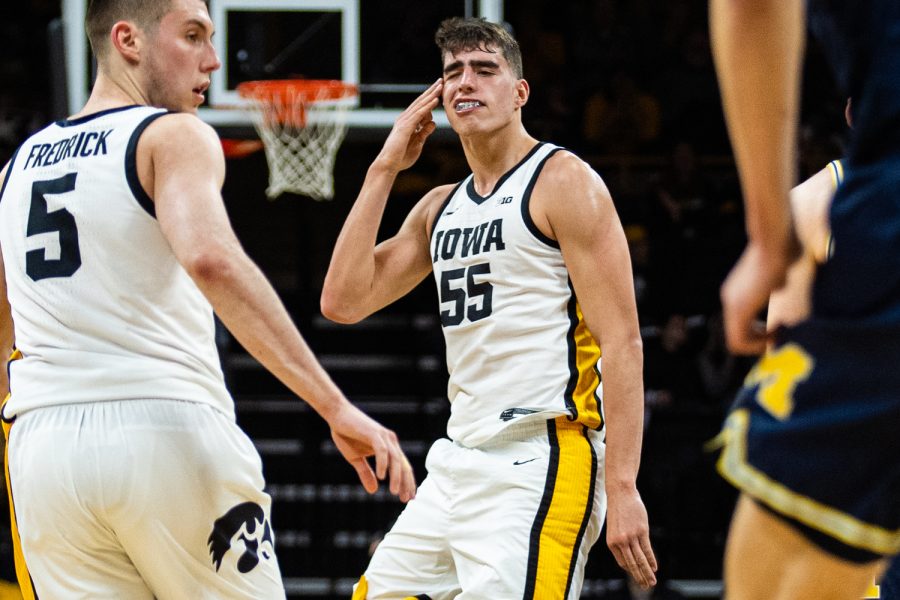 Iowa forward Luka Garza celebrates a 3-pointer during a mens basketball game between Iowa and Michigan at Carver-Hawkeye Arena on Friday, Jan. 17, 2020. The Hawkeyes defeated the Wolverines, 90-83. (Shivansh Ahuja/The Daily Iowan)