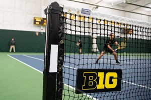 Iowas Joe Tyler prepares to serve during a mens tennis match between Iowa and Creighton at the HTRC on Saturday, Jan. 18, 2020. The Hawkeyes defeated the Blue Jays, 5-2.