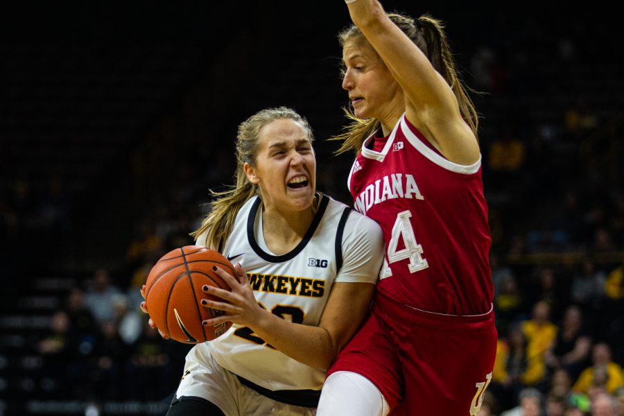 Iowa+guard+Kathleen+Doyle+drives+to+the+board+during+a+womens+basketball+match+between+Iowa+and+Indiana+at+Carver-Hawkeye+Arena+on+Sunday%2C+Jan.+12%2C+2020.+The+Hawkeyes+defeated+the+Hoosiers%2C+91-85%2C+in+double+overtime.+