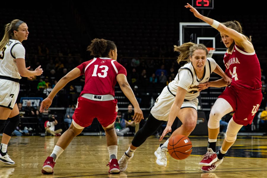 Iowa guard Kathleen Doyle drives to the board during a women's basketball match between Iowa and Indiana at Carver-Hawkeye Arena on Sunday, Jan. 12, 2020. The Hawkeyes defeated the Hoosiers, 91-85, in double overtime. 