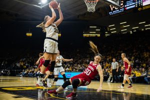 Iowa forward Monika Czinano looks to shoot during a womens basketball match between Iowa and Indiana at Carver-Hawkeye Arena on Sunday, Jan. 12, 2020. The Hawkeyes defeated the Hoosiers, 91-85, in double overtime. 