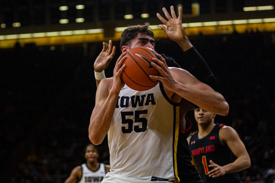 Iowa forward Luka Garza handles the ball during a men's basketball game between Iowa and Maryland at Carver-Hawkeye Arena on Friday, Jan. 10, 2020. Garza shot 8-of-21 on the night.