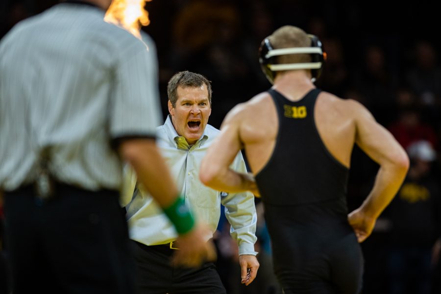 Iowa+head+coach+Tom+Brands+yells+during+a+wrestling+dual+meet+between+Iowa+and+Nebraska+at+Carver-Hawkeye+Arena+on+Saturday%2C+Jan.+18%2C+2020.+The+Hawkeyes+defeated+the+Huskers%2C+26-6.