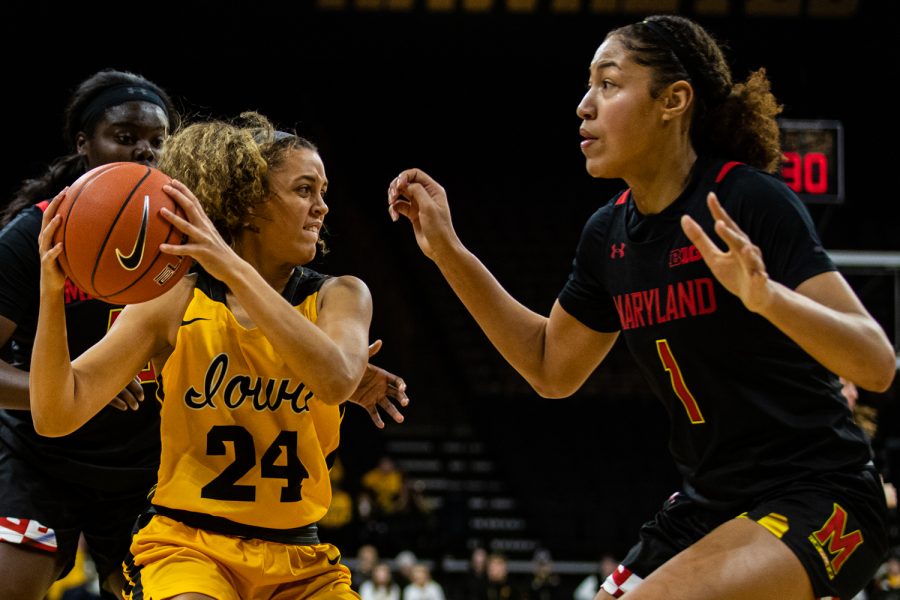 Iowa guard Gabbie Marshall looks to pass during a women’s basketball game between Iowa and Maryland at Carver-Hawkeye Arena on Thursday, Jan. 9, 2020. The Hawkeyes defeated the Terrapins, 66-61.