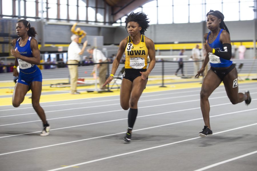 Iowa+sprinter+Lasarah+Hargrove+competes+in+the+60-meter+dash+premier+final+during+the+Black+and+Gold+Invitational+at+the+University+of+Iowa+Recreation+Building+on+Saturday%2C+Feb.+1%2C+2020.+Hargrove+finished+third+in+7.51.