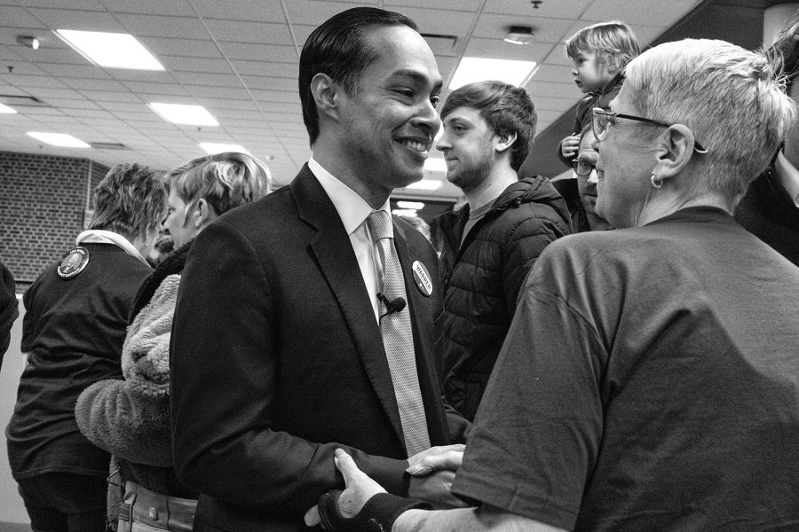Former Democratic presidential candidate Julián Castro shakes hands with caucusgoers at precinct 65 at Abraham Lincoln High School in Des Moines on Monday, February 3, 2020. Feb. 3 marks the beginning of the Democratic primary season, Iowa paving a way for voters to pick the Democratic nominee for president. Castro ended his run for the Democratic nomination on Jan. 2, 2020. 