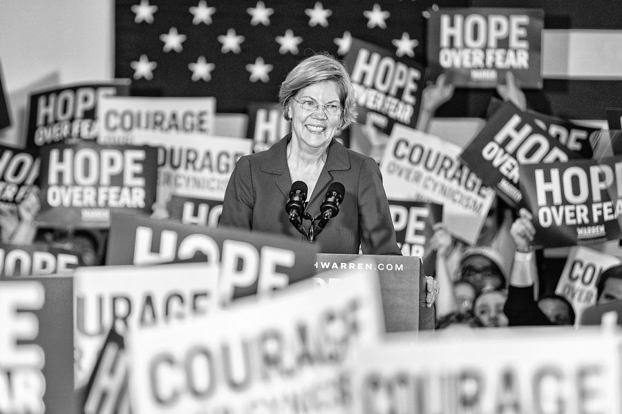 Sen. Ellizabeth Warren, D-Mass., speaks at the Forte Banquet and Conference Center in Des Moines on Monday, Feb. 3, 2020. Caucus results took about a week to finalize. Warren placed third in the caucuses, receiving 18.0% of the state convention delegates. 