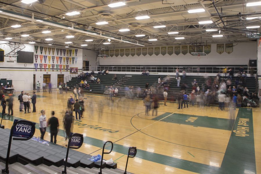 After the final count, attendees leave the democratic caucus at Iowa City West High School on Monday, Feb. 3, 2020. Out of the six candidates participating, Warren, Buttigieg, and Klobuchar became viable after the first alignment with groups of 171, 120, 114 people respectively and Sanders qualified after the second alignment with 90 people. (Hannah Kinson/The Daily Iowan)