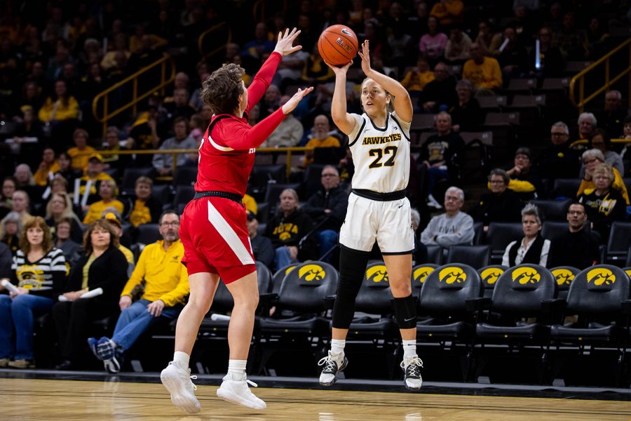 Iowa+guard+Kathleen+Doyle+shoots+during+a+womens+basketball+game+between+Iowa+and+Nebraska+at+Carver+Hawkeye+Arena+on+Monday+Feb.+6%2C+2020.+The+Hawkeyes+defeated+the+Cornhuskers+76-60.+
