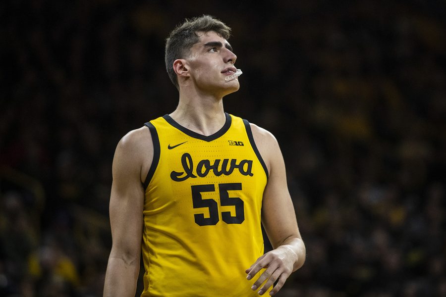 Iowa+center+Luka+Garza+chews+on+his+mouthguard+during+a+men%E2%80%99s+basketball+game+between+the+Iowa+Hawkeyes+and+the+Nebraska+Huskers+at+Carver-Hawkeye+arena+on+Saturday%2C+February+8%2C+2020.+The+Hawkeyes+defeated+the+Huskers+96-72.