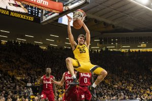 Iowa center Luka Garza dunks the ball during a men’s basketball game between the Iowa Hawkeyes and the Nebraska Huskers at Carver-Hawkeye arena on Saturday, February 8, 2020. The Hawkeyes defeated the Huskers 96-72. 
