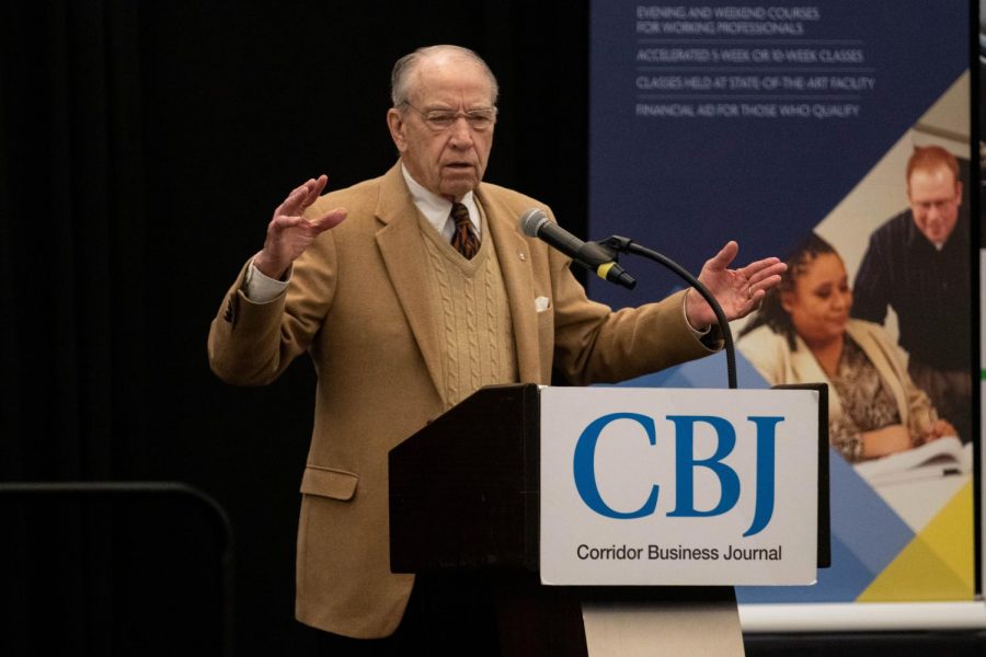 Sen. Chuck Grassley (R-Iowa) speaks about lowering prescription drug prices during the Corridor Business Journal Health Care Summit at the Coralville Marriott Hotel and Conference Center on Feb. 14. 