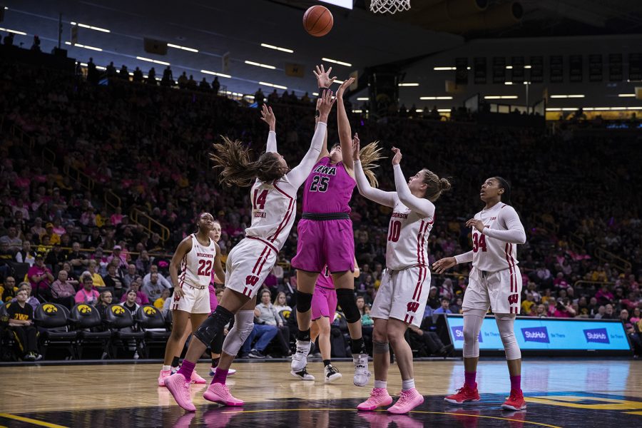 Iowa forward Monika Czinano takes a shot during a women’s basketball between Iowa and Wisconsin at Carver-Hawkeye Arena on Sunday, Feb. 16, 2020. The Hawkeyes defeated the Badgers 97-71. 