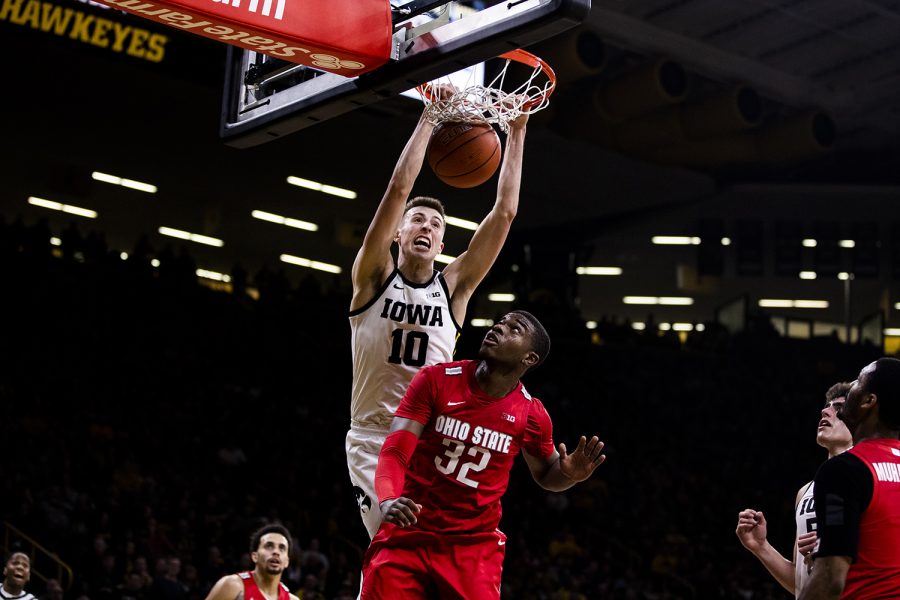 Iowa guard Joe Wieskamp dunks the ball during the mens basketball game against Ohio State at Carver-Hawkeye Arena on Thursday, February 20, 2020. The Hawkeyes defeated the Buckeyes 85-76.