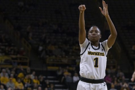 Iowa guard Tomi Taiwo shoots a free throw during a women’s basketball game between Iowa and Penn State at Carver Hawkeye Arena on Saturday, Feb. 22, 2020. The Hawkeyes defeated the Nittany Lions, 100-57. 