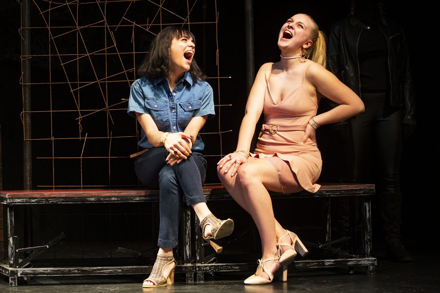 Leela Bassuk and Genevieve Eckelaert laugh as DC and LA during a dress rehearsal of Palanquin at the Alan McVey Theatre in the Theatre Building on Thursday, Feb. 25, 2020. The show opens Thursday, Feb. 27. 