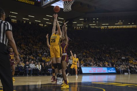 Iowa forward Monika Czinano shoots a basket during a womens basketball game between Iowa and Minnesota at Carver Hawkeye Arena on Thursday, Feb. 27, 2020. The Hawkeyes defeated the Gophers, 90-82.