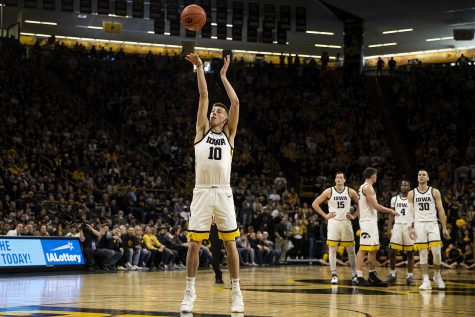 Iowa guard Joe Wieskamp takes a shot from the charity strip during a men’s basketball game between Iowa and Penn State on Saturday, Feb. 29 at Carver-Hawkeye Arena. The Hawkeyes defeated the Nittany Lions 77-68. 