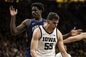 Iowa center Luka Garza celebrates during a mens basketball game between Iowa and Penn State on Saturday, Feb. 29 at Carver-Hawkeye Arena. The Hawkeyes defeated the Nittany Lions 77-68. 