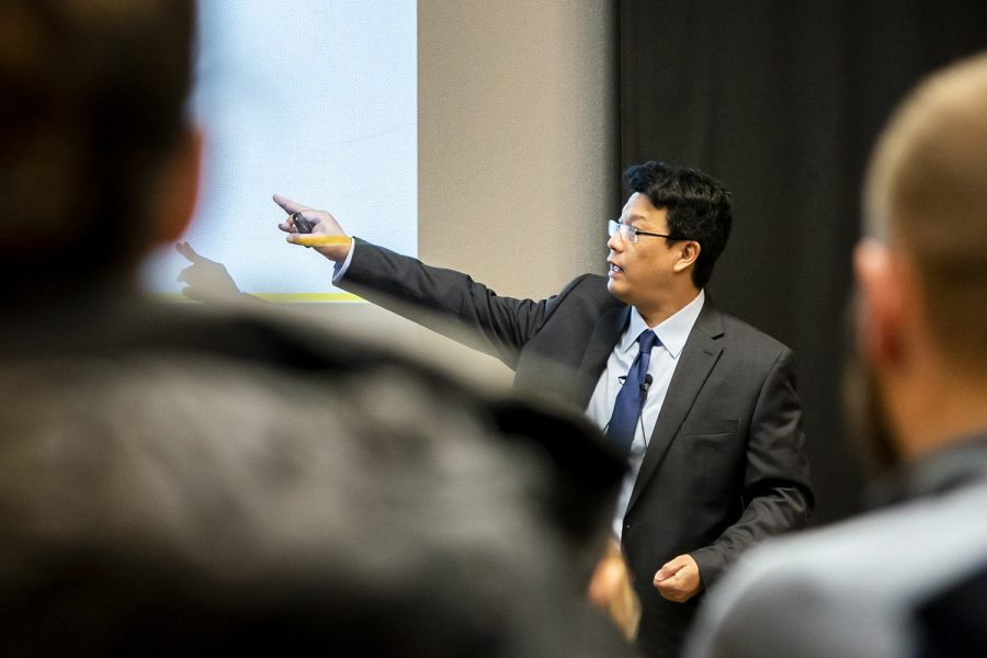 Brian Lai, Associate Professor and Department Executive Officer in the Department of Political Science, speaks at the open forum for the president for Student Life search Tuesday in 166 IMU.