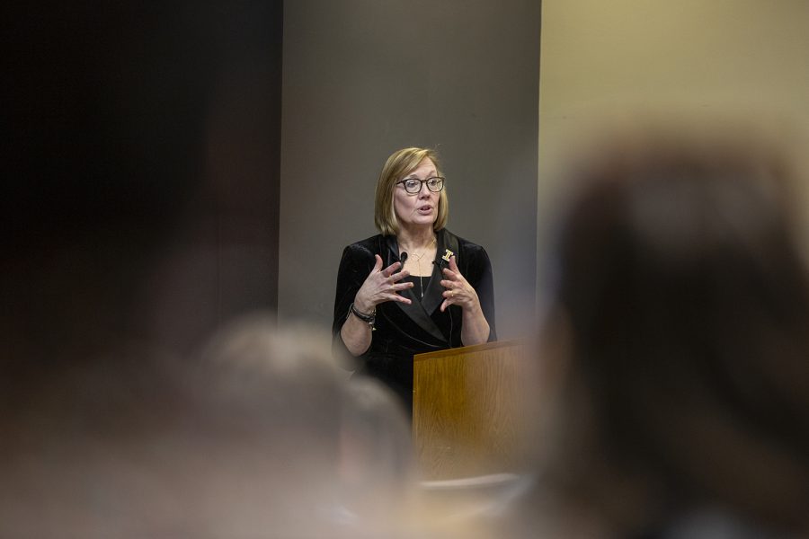 Candidate for the role of Vice President of Student Life Sarah Hansen speaks during a forum at the IMU on Feb. 4, 2020. Hansen graduated from the University of Iowa with a Bachelor of Arts in Education and a Masters in Arts in Sociology. 