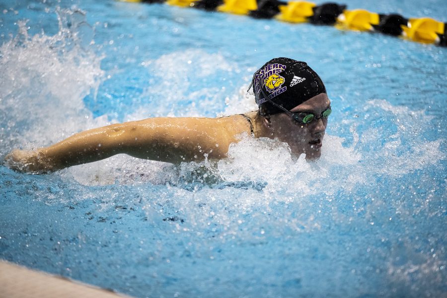 A Western Illinois swimmer competes during a dual between Iowa and Western Illinois on Friday, February 7, 2020 at the University of Iowa Campus Recreation and Wellness Center. The Iowa women’s team defeated Western Illinois 130 to 67, while the Iowa men’s team defeated Western Illinois 122 to 44. 