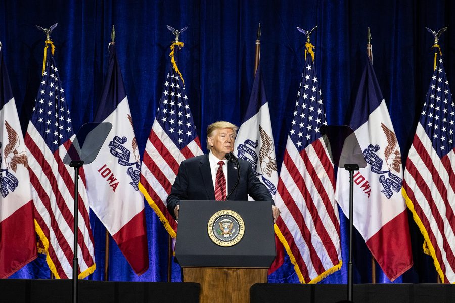 President Trump pauses during a speech at the Iowa GOP’s America First Dinner at the Ron Pearson Center in West Des Moines on June 11, 2019.