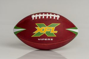 The XFL official game ball is seen Sunday, Nov. 24, 2019 in St. Petersburg, Fla.