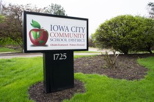 The Iowa City Community School District sign is seen on April 29, 2019.