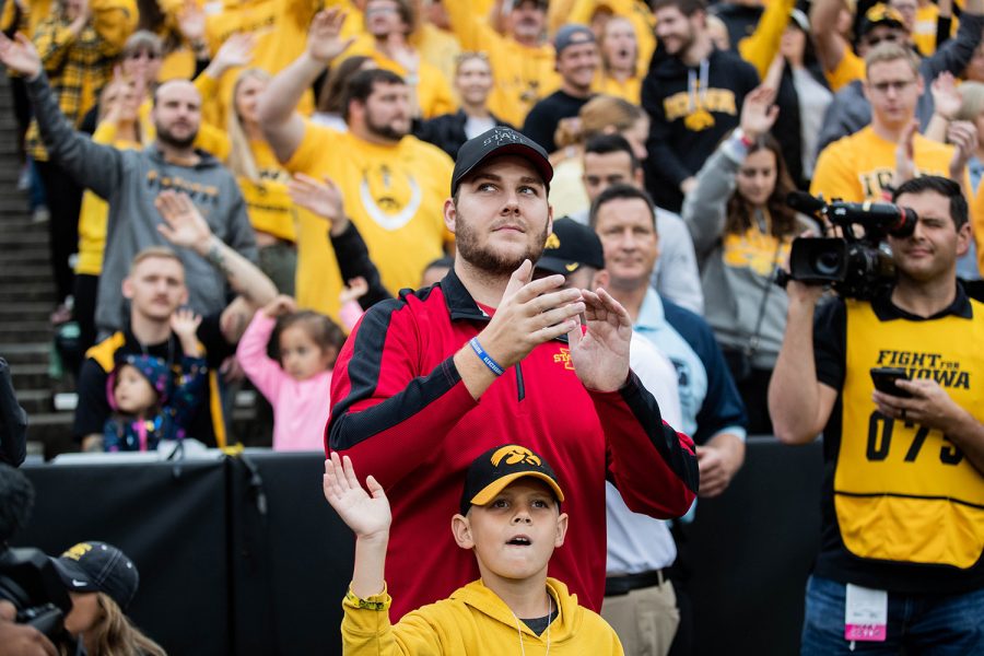 Carson King claps during a football game between Iowa and Middle Tennessee State University on Saturday, September 28, 2019. The Hawkeyes defeated the Blue Raiders 48-3.