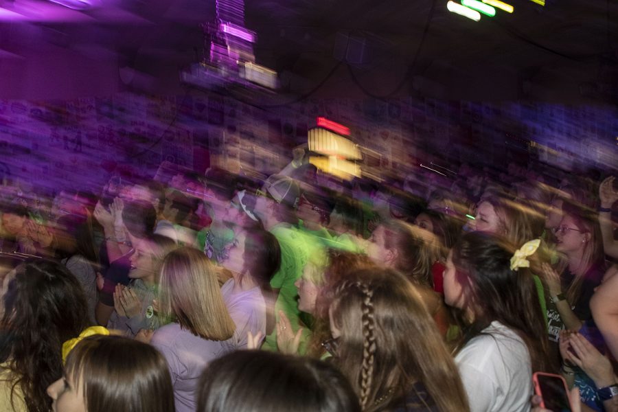Dancers participate in the halfway mark of Dance Marathon in the IMU Main Ballroom on Saturday, Feb. 8, 2020. Dancers listened to “Livin on a Prayer” to mark the halfway point. 