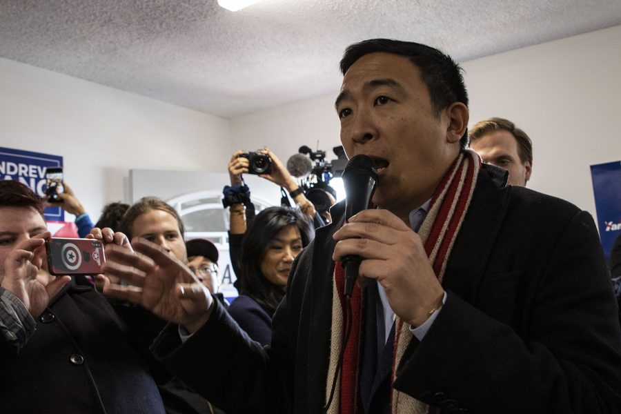 Democratic candidate Andrew Yang addresses fans during a meet and greet in his Iowa City campaign office on Feb. 3. Yang greeted fans and cheered them on for the caucuses later tonight. 