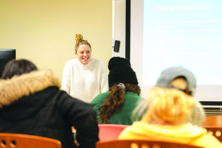 Mary Cronin, The President of the organization Give UIowa, talks about the opportunity to travel to other countries and volunteer. The meeting took place Wednesday, Feb. 12, 2020 at 7pm. 