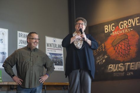 Rep. Mary Mascher, D-Iowa City, introduces Iowa Democratic gubernatorial candidate Fred Hubbell alongside Johnson Country sheriff Lonny Pulkrabek at Big Grove Brewery and Taproom on Sunday, Feb. 4, 2018. 