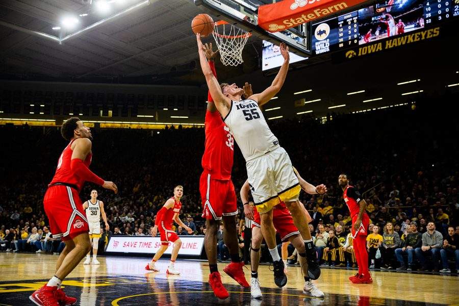 Iowa center Luka Garza shoots a lay-up during the mens basketball game against Ohio State at Carver-Hawkeye Arena on Thursday, February 20, 2020.