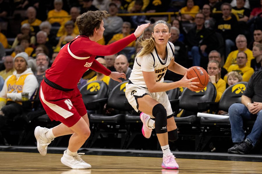 Iowa+guard+Makenzie+Meyer+looks+to+pass+during+a+womens+basketball+game+between+Iowa+and+Nebraska+at+Carver+Hawkeye+Arena+on+Monday+Feb.+6.+