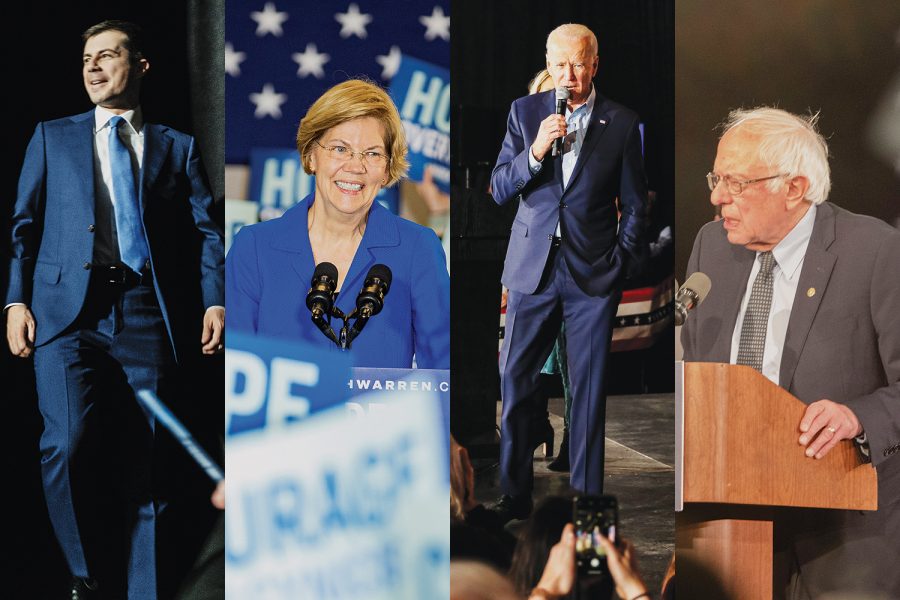 In this diptych, ormer Mayor of South Bend, Indiana, Pete Buttigieg, Sen. Elizabeth Warren, D-Mass., former Vice President Joe Biden, and Sen. Bernie Sanders, I-Vt., address supporters at their watch parties in Des Moines after the caucuses on Tuesday. 