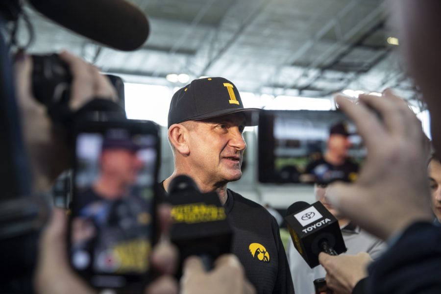 Head Coach Rick Heller speaks to members of the press during baseball media day in the UI recreation building on Thursday, Feb. 6, 2020. 