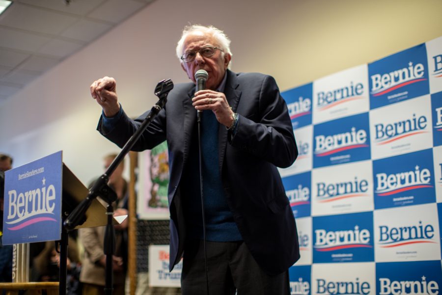 Sen. Bernie Sanders, I-VT speaks before supporters and volunteers on Sunday, Feb. 2. With one day before the Iowa caucuses, Sanders said his campaign is the only one with the momentum required to win the presidency.