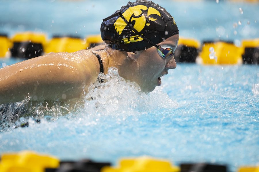 Iowa’s Christina Kauffman competes in the 200 yard butterfly preliminaries during the sixth session of the 2020 Big Ten Women’s Swimming and Diving Championships at the Campus Recreation and Wellness Center on Saturday, Feb. 22, 2020. Kauffman finished in 52nd with a time of 2:07.01. 
