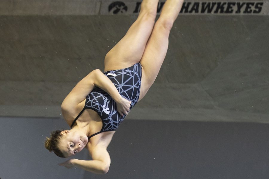 Iowa diver Samantha Tamborski competes in the platform diving preliminaries during the sixth session of the 2020 Big Ten Women’s Swimming and Diving Championships at the Campus Recreation and Wellness Center on Saturday, Feb. 22, 2020. Tamborski finished 21st with 191.10 points.  
