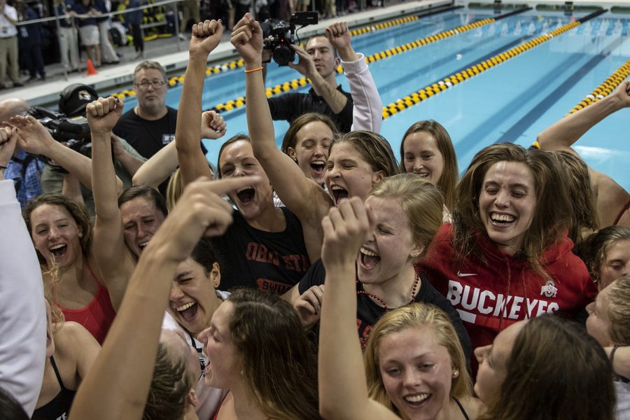Ohio State celebrates winning the 2020 Women’s Big Ten Swim and Dive Championship on Saturday, Feb. 22, 2020 at the Campus Recreation and Wellness Center. Ohio State won the championships with an overall score of 1503.5. 
