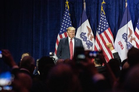 President Donald Trump pauses during a speech at the Iowa GOP’s America First Dinner at the Ron Pearson Center in West Des Moines on June 11, 2019. 