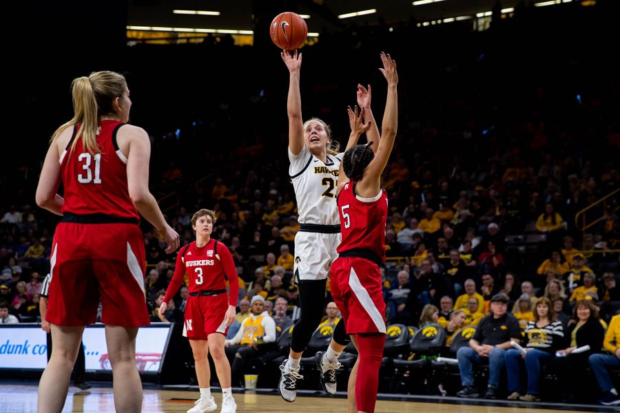 Iowa guard Kathleen Doyle shoots during a women's basketball game between Iowa and Nebraska at Carver Hawkeye Arena on Thursday. The Hawkeyes defeated the Cornhuskers, 76-60. 