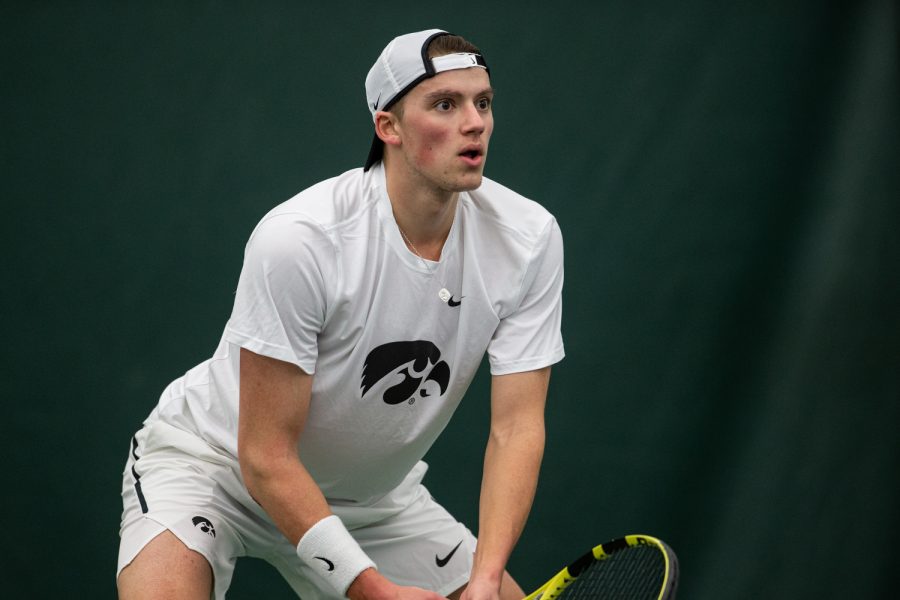 Iowas Joe Tyler prepares to return the ball during a match against Wichita State University on Sunday, Feb. 16, 2020, at the Hawkeye Tennis and Recreation Complex. The Hawkeyes defeated the Shockers, 4-2. 