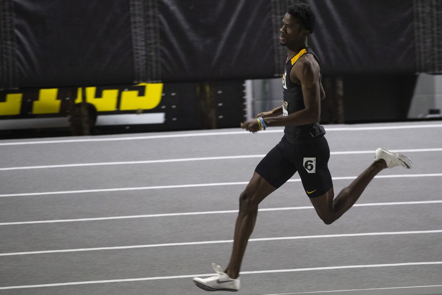 Iowa’s Wayne Lawrence Jr. competes in the men’s 600m run premier during the fourth annual Larry Wieczorek Invitational at the University of Iowa Recreation Building on Friday, Jan 17, 2020. 
