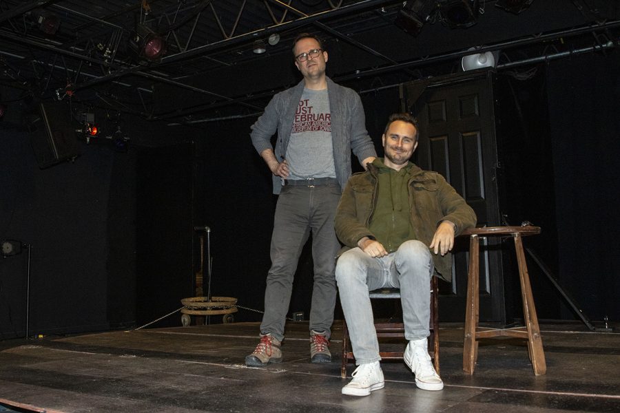 Co-creators+Adam+Knight+%28left%29+and+David+Lee+Nelson+%28right%29+pose+for+a+portrait+in+Riverside+Theater+on+Feb.+7%2C+2020.+Stages+is+a+one-person+play+which+focuses+on+Nelson%E2%80%99s+experience+with+cancer.+