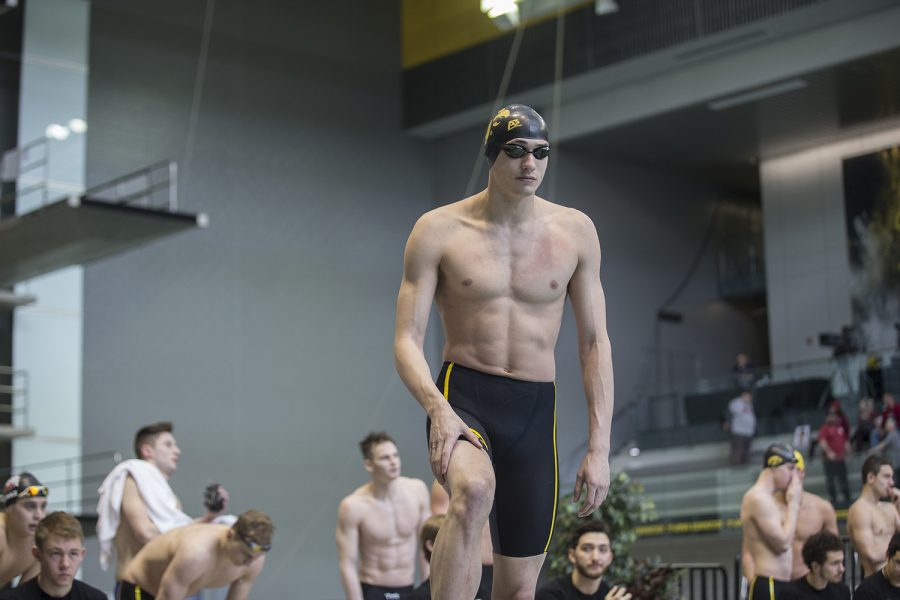 Iowas William Scott gets ready to swim the 100 free during preliminary rounds of the mens Big 10 Swimming Championships on Saturday, March 3, 2019. 
