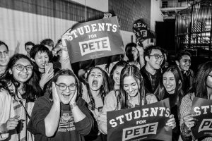 Students for Pete cheer during a caucus watch for former South Bend, Indiana Mayor Pete Buttigieg party at the Bell Center in Des Moines on Monday, February 3, 2020. At the time of the watch party, no precincts had finalized results. Buttigieg gave a hopeful speech and claimed victory in Iowa. At the time of the watch party no precincts had reported official results. 