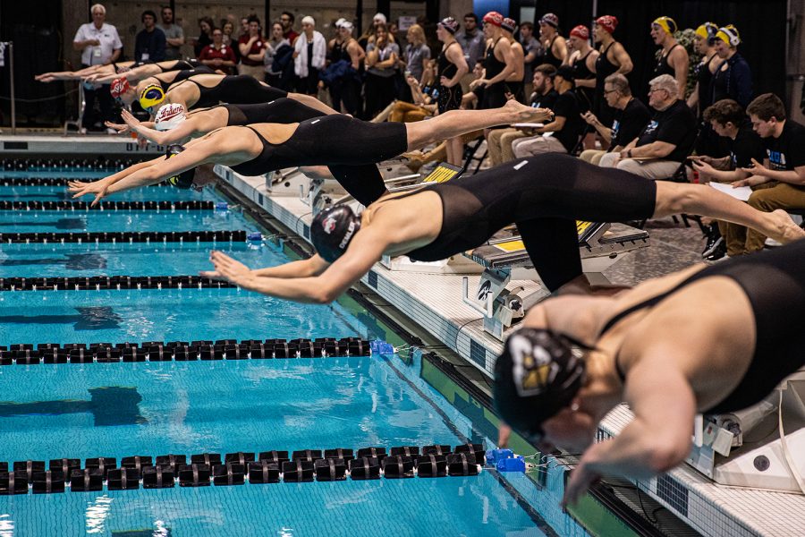 Swimmers dive off the starting blocks for the 800 medley relay during the first session of the 2020 Big Ten Womens Swimming and Diving Championships at the HTRC on Wednesday, Feb. 19, 2020. (Shivansh Ahuja/The Daily Iowan)
